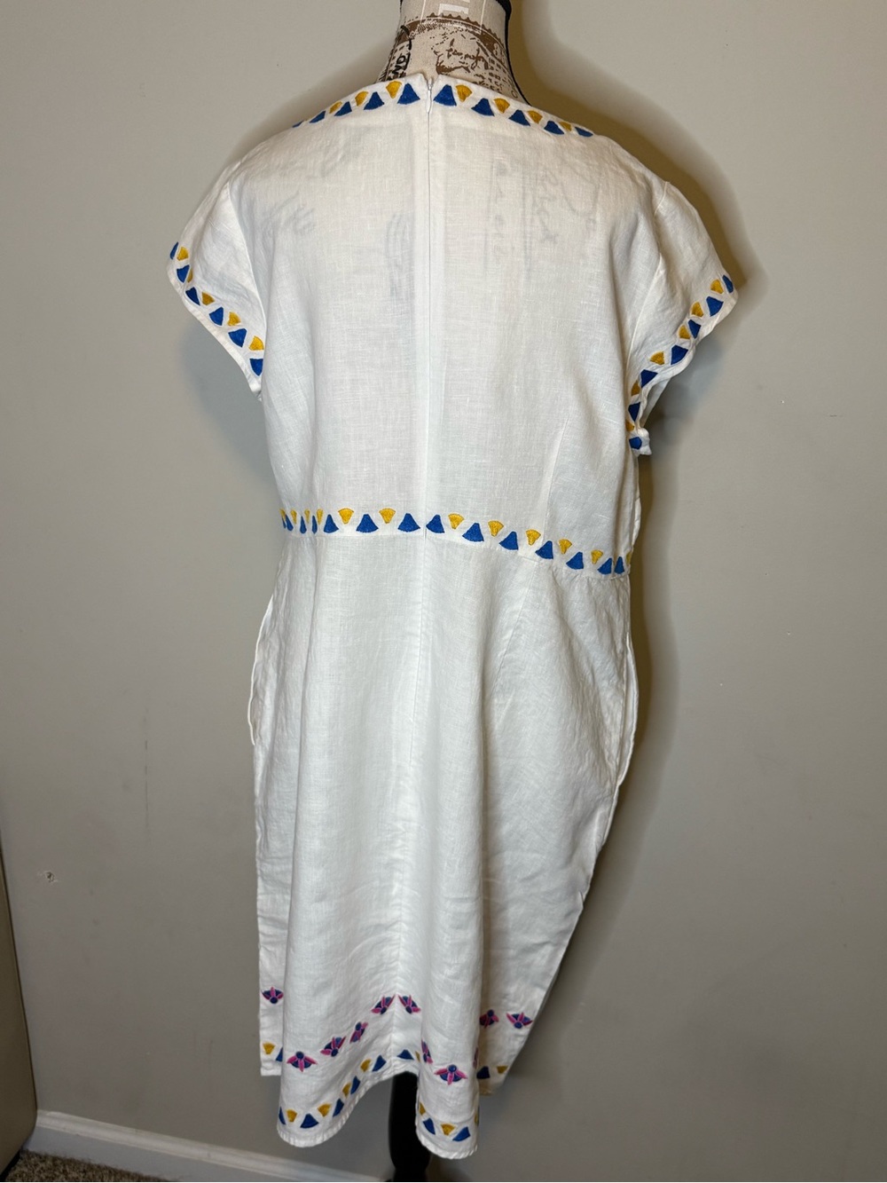 Boden White Linen Midi Dress with Pink, Yellow & Blue Embroidery - Size 12 - Picture 6 of 10